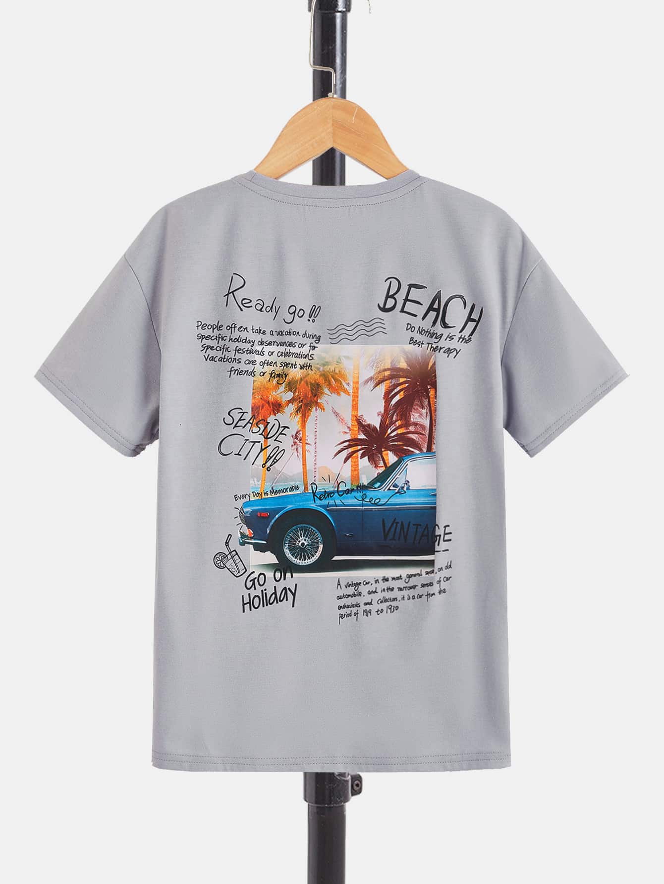 SHEIN 男孩標語和棕櫚樹印花落肩T恤 - 淺灰色 - 查看 1