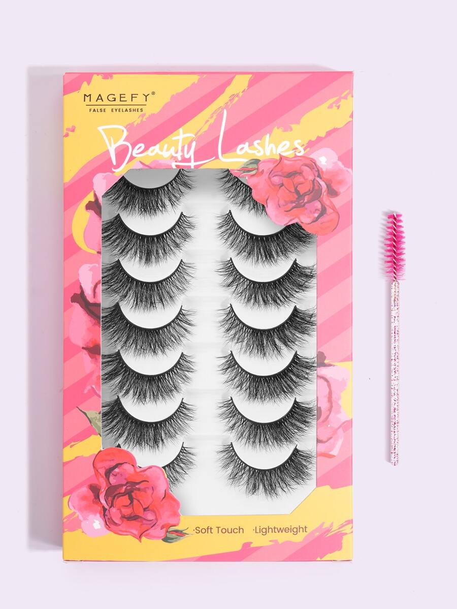 MAGEFY 8Pairs Of Natural Full False Eyelashes&1pc Disposable Eyelash Brush,Fluffy Slim For Everyday Use Manga Eyelashes, Travel Essentials - 黑色 - 查看 1