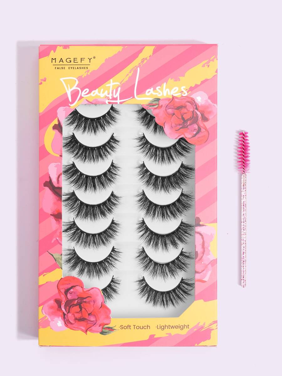 MAGEFY 8Pairs Of Natural Full False Eyelashes&1pc Disposable Eyelash Brush,Fluffy Slim For Everyday Use Manga Eyelashes, Travel Essentials - màu đen - Xem 1
