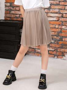 SOLOCOTE Girls Solid Pleated Skirt - Khaki - View 1