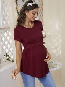 DEARCASE Maternity Lace Trim Ruffle Hem Tee - Burgundy - View 3