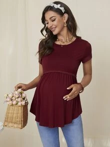 DEARCASE Maternity Lace Trim Ruffle Hem Tee - Burgundy - View 5
