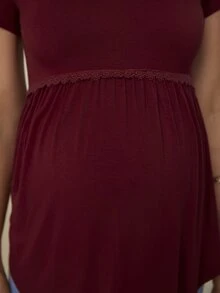 DEARCASE Maternity Lace Trim Ruffle Hem Tee - Burgundy - View 6