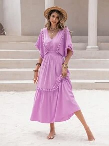 Rusttydustty 女士珊瑚橙色V领流苏装饰蝙蝠袖连衣裙海边度假音乐节波西米亚风邮轮女装 - 淡紫色 - 查看 1