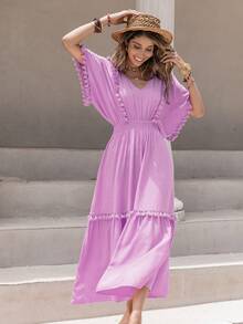 Rusttydustty 女士珊瑚橙色V领流苏装饰蝙蝠袖连衣裙海边度假音乐节波西米亚风邮轮女装 - 淡紫色 - 查看 4