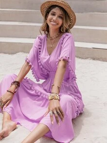 Rusttydustty 女士珊瑚橙色V领流苏装饰蝙蝠袖连衣裙海边度假音乐节波西米亚风邮轮女装 - 淡紫色 - 查看 6