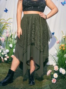 ROMWE Hippie Váy Plus Size Tương phản ren màu trơn Thanh lịch - Màu xanh lá cây đậm - Xem 1