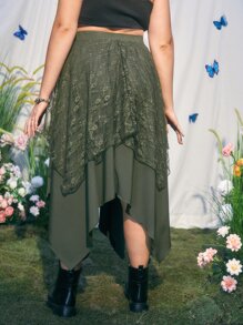 ROMWE Hippie Váy Plus Size Tương phản ren màu trơn Thanh lịch - Màu xanh lá cây đậm - Xem 2