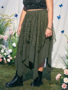 ROMWE Hippie Váy Plus Size Tương phản ren màu trơn Thanh lịch - Màu xanh lá cây đậm - Xem 4