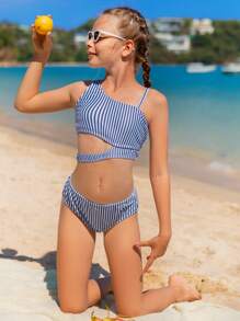 Tween Girl Striped Cut Out Asymmetrical Neck Bikini Set Summer Beach - Blue and White - View 6