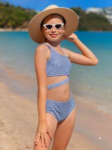 Tween Girl Striped Cut Out Asymmetrical Neck Bikini Set Summer Beach - Blue and White - View 7