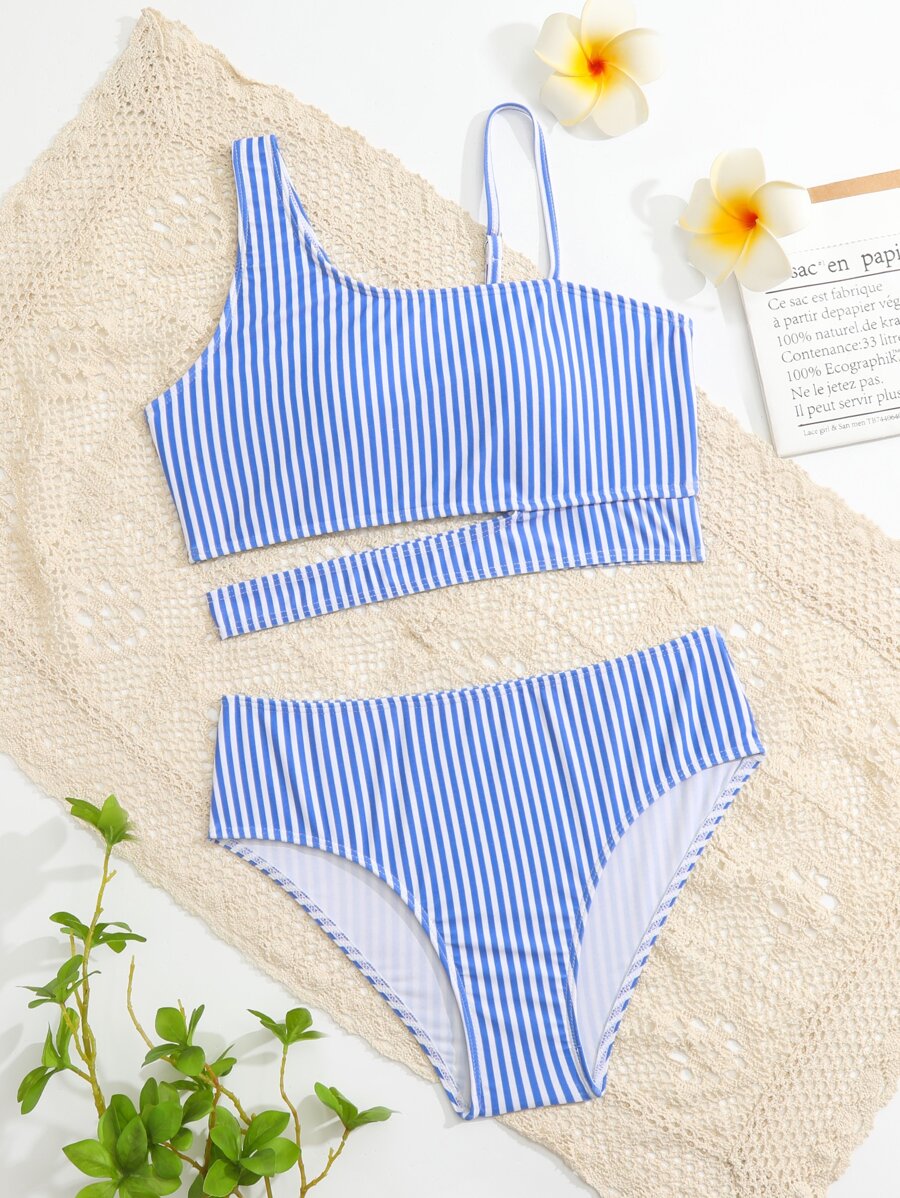 Tween Girl Striped Cut Out Asymmetrical Neck Bikini Set Summer Beach - Blue and White - View 1