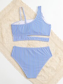 Tween Girl Striped Cut Out Asymmetrical Neck Bikini Set Summer Beach - Blue and White - View 4