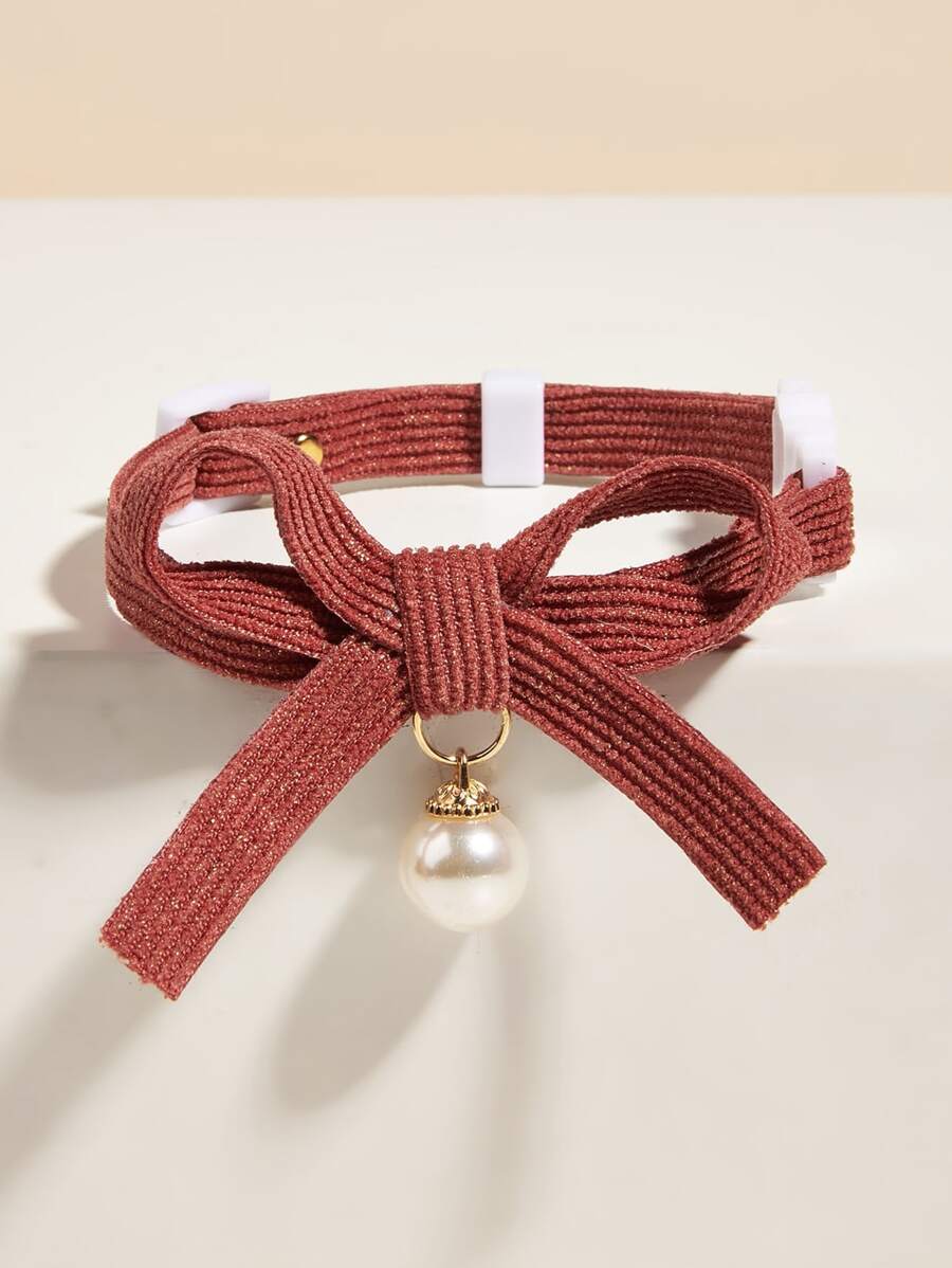 1入組人造珍珠裝飾寵物項圈 - 紅色 - 查看 1