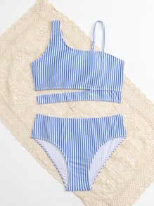 Tween Girl Striped Cut Out Asymmetrical Neck Bikini Set Summer Beach - Blue and White - View 8