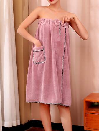 1pc Women's Embroidered Coral Fleece Soft Absorbent Bath Robe, Minimalist & Fashionable For Casual Daily Use