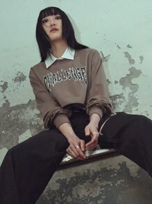 DAZY Sudadera crop con estampado de letra - Marrón - Ver 3