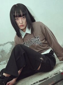 DAZY Sudadera crop con estampado de letra - Marrón - Ver 4