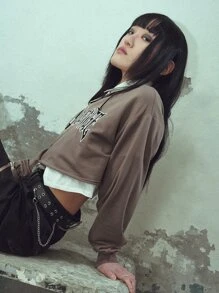 DAZY Sudadera crop con estampado de letra - Marrón - Ver 5