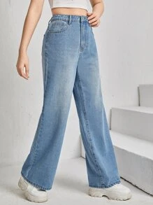 SHEIN Teen Girls Solid Jeans - Light Wash - View 4