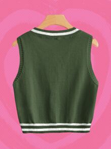 The Powerpuff Girls | ROMWE Chaleco De Suéter Con Patrón De Dibujos Animados De Bordado Y Ribeteado De Contraste - Verde militar - Ver 2