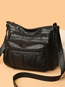 編織壓紋人造皮革多口袋包素色輕質拉鍊斜挎方包女包 - 黑色 - 查看 1