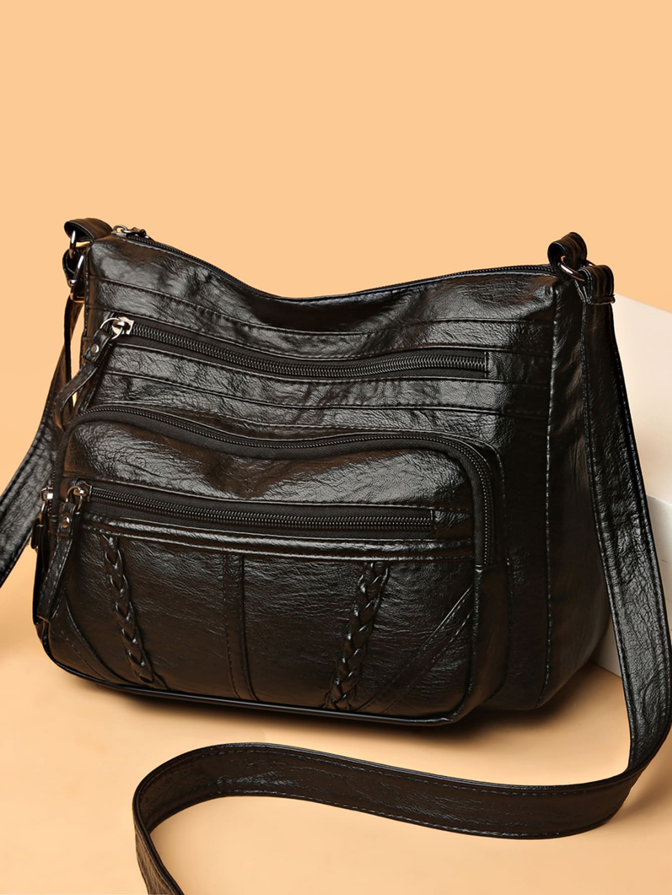 編織壓紋人造皮革多口袋包素色輕質拉鍊斜挎方包女包 - 黑色 - 查看 1