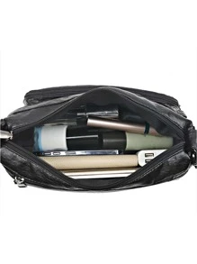 編織壓紋人造皮革多口袋包素色輕質拉鍊斜挎方包女包 - 黑色 - 查看 4