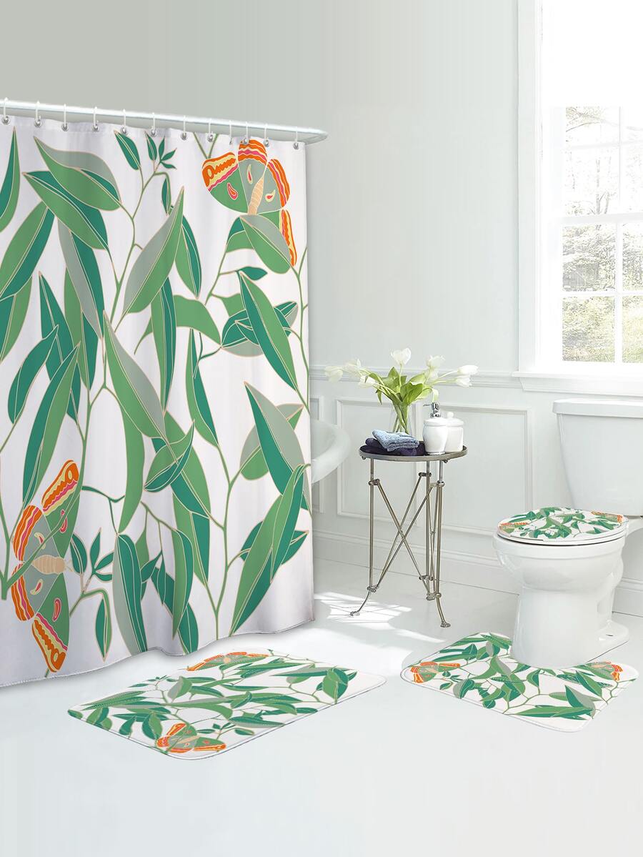 1入組葉子圖案浴毯或浴簾浴用滌綸防滑馬桶墊 - 彩色 - 查看 1