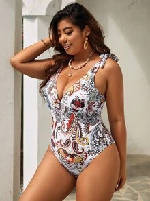 SHEIN Plus Paisley Print Plunging Neck One Piece Swimsuit - Multicolor - View 3
