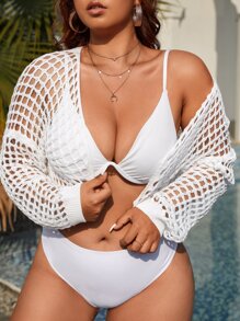 SHEIN Swim Curve Plus Hollow Out Drop Shoulder Kimono - White - View 5
