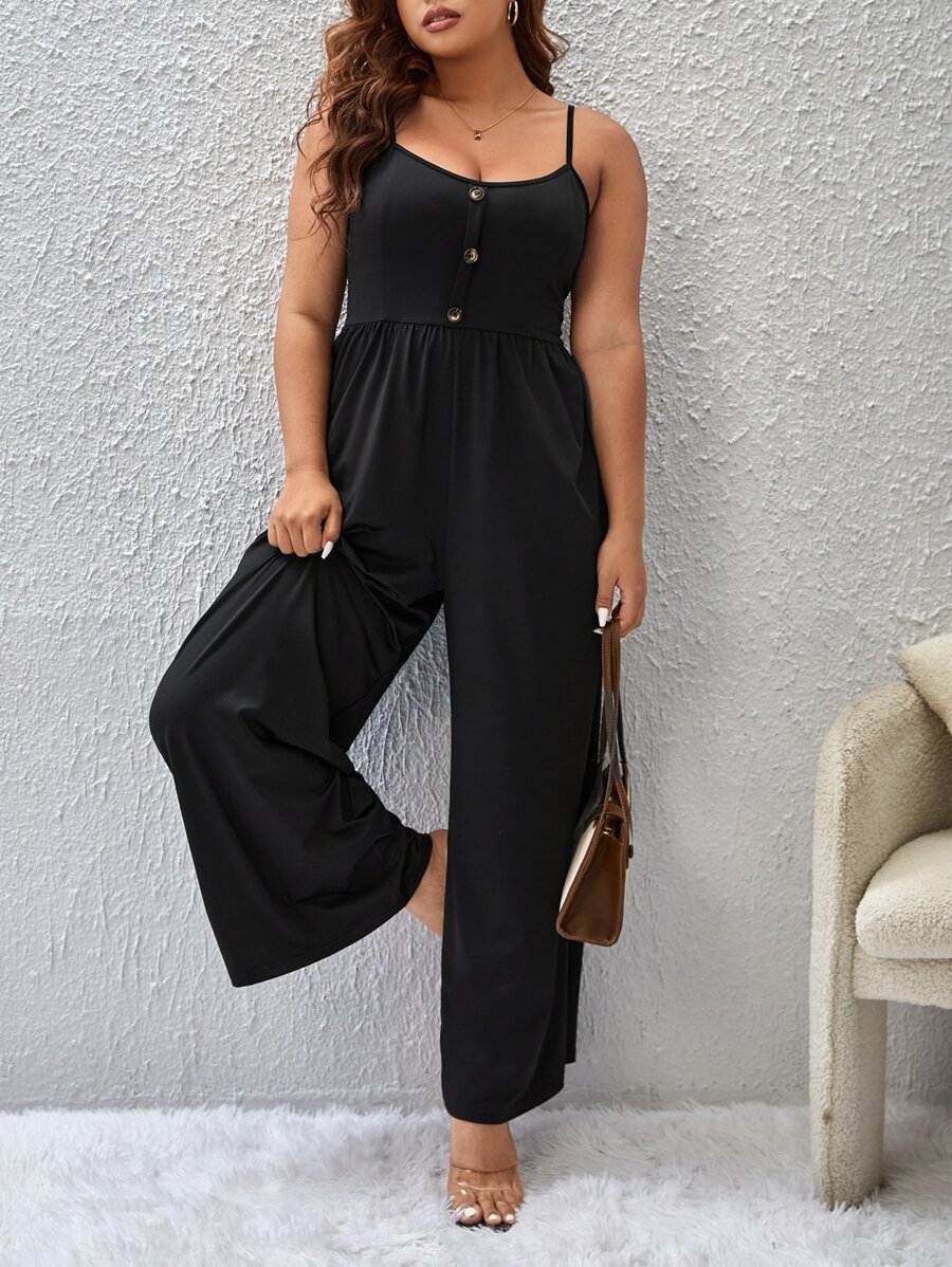 SHEIN Unity 大碼前紐扣吊帶連體褲 - 黑色 - 查看 1