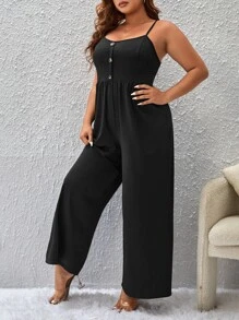 SHEIN Unity 大碼前紐扣吊帶連體褲 - 黑色 - 查看 3