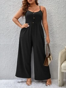 SHEIN Unity 大碼前紐扣吊帶連體褲 - 黑色 - 查看 4
