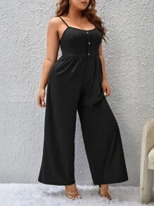 SHEIN Unity 大碼前紐扣吊帶連體褲 - 黑色 - 查看 5
