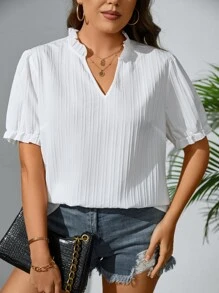 SHEIN Privé Plus Frill Trim Puff Sleeve Notched Neckline Blouse - White - View 1