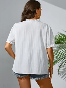SHEIN Privé Plus Frill Trim Puff Sleeve Notched Neckline Blouse - White - View 2