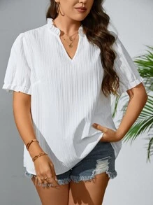 SHEIN Privé Plus Frill Trim Puff Sleeve Notched Neckline Blouse - White - View 4