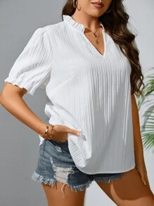 SHEIN Privé Plus Frill Trim Puff Sleeve Notched Neckline Blouse - White - View 5