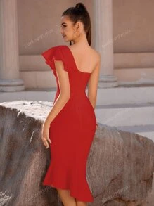One Shoulder Ruffle Trim Mermaid Hem Bandage Dress
