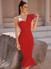 One Shoulder Ruffle Trim Mermaid Hem Bandage Dress