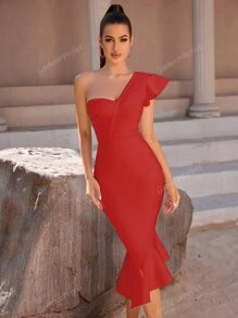 One Shoulder Ruffle Trim Mermaid Hem Bandage Dress