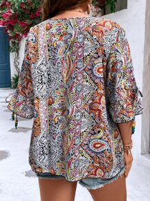SHEIN LUNE Plus Paisley Print Knot Cuff Blouse - Multicolor - View 2