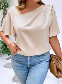 SHEIN Clasi Blusa sencilla, elegante y casual con cuello asimétrico, hombros y botón decorativo de hongo dorado en talla grande