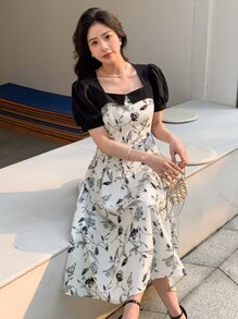 DAZY 印花方領泡泡袖連衣裙 - 黑與白 - 查看 1