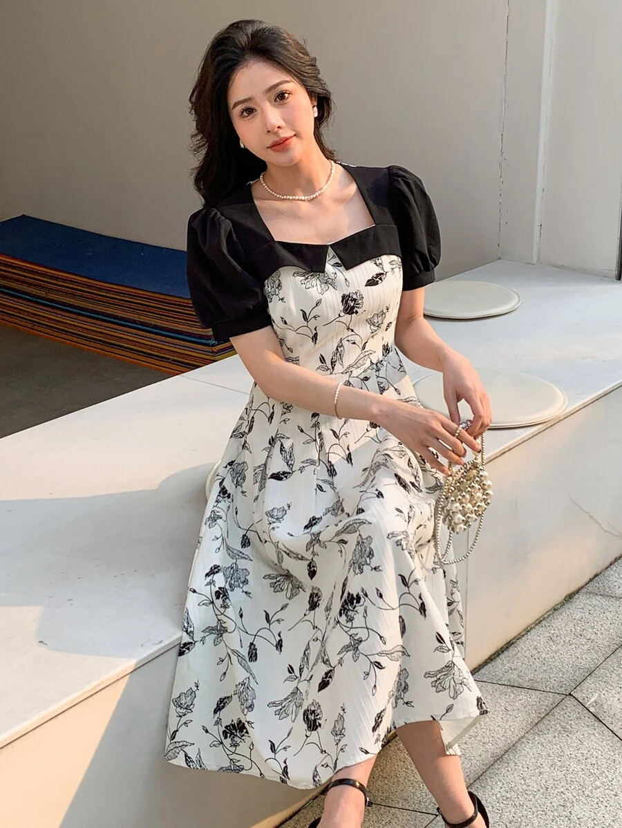 DAZY 印花方領泡泡袖連衣裙 - 黑與白 - 查看 1