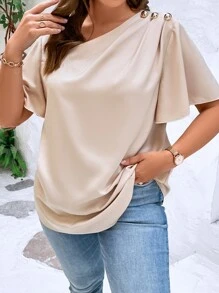 SHEIN Clasi Blusa sencilla, elegante y casual con cuello asimétrico, hombros y botón decorativo de hongo dorado en talla grande