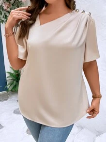 SHEIN Clasi Blusa sencilla, elegante y casual con cuello asimétrico, hombros y botón decorativo de hongo dorado en talla grande