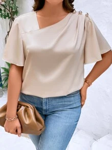 SHEIN Clasi Blusa sencilla, elegante y casual con cuello asimétrico, hombros y botón decorativo de hongo dorado en talla grande