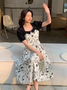 DAZY 印花方領泡泡袖連衣裙 - 黑與白 - 查看 5